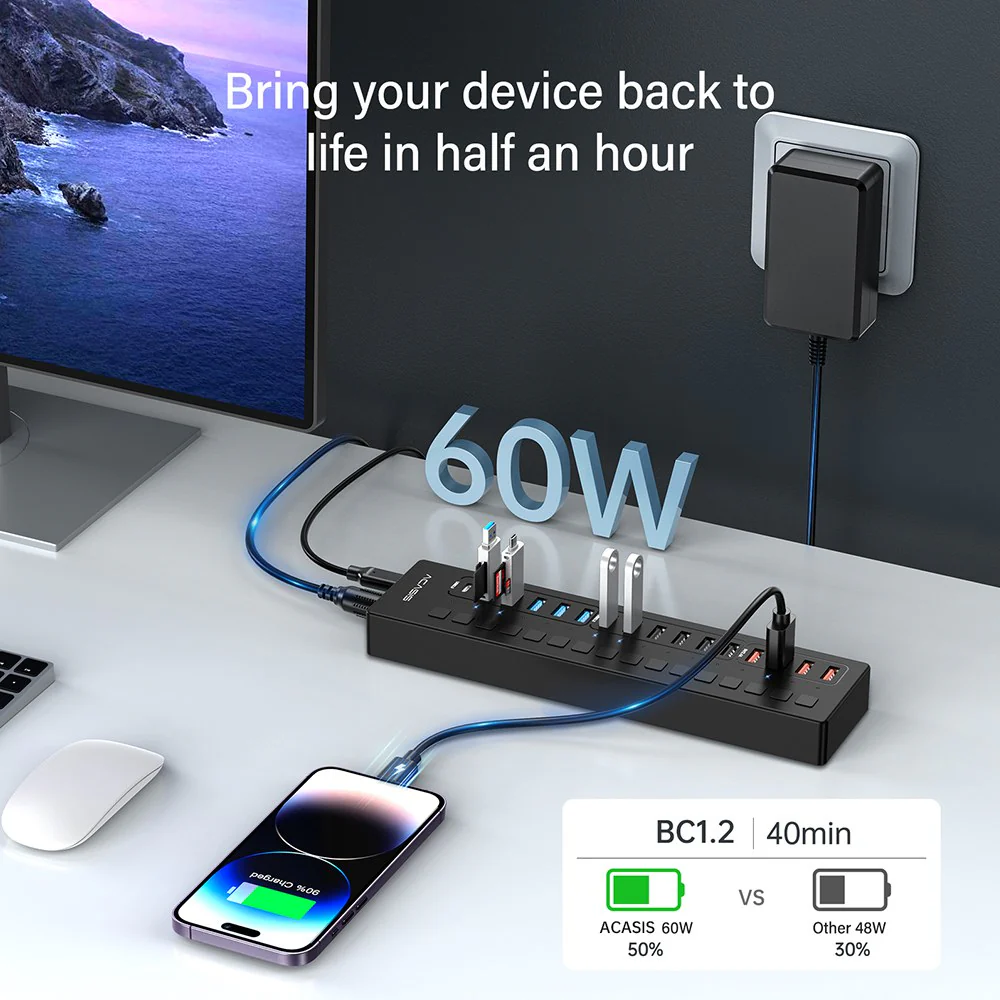 Acasis 16 Port USB-C 5Gbps Smart Charging Hub Splitter Powered Switch - Image 4