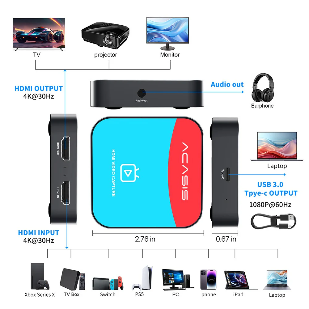 Acasis 4K 30Hz HDMI HD Input/Loopout Video Capture Card 1080P 60FPS - Image 5