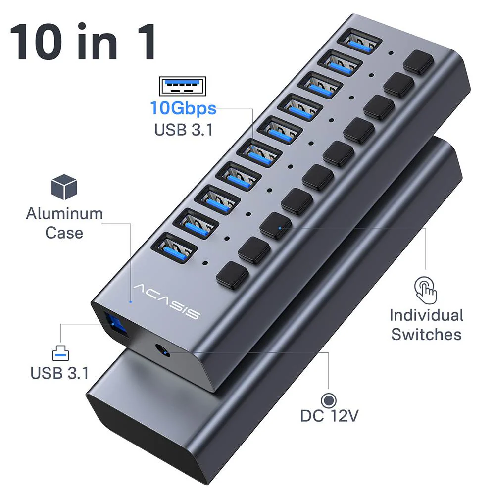 Acasis 10 Ports USB 3.1 Hub with Individual On/Off Switches Splitter - Image 3