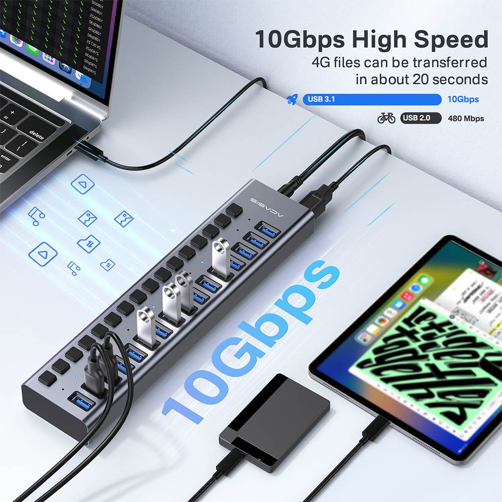 Acasis 16 Ports USB 3.2 Hub with Individual On/Off Switches Splitter - Image 4