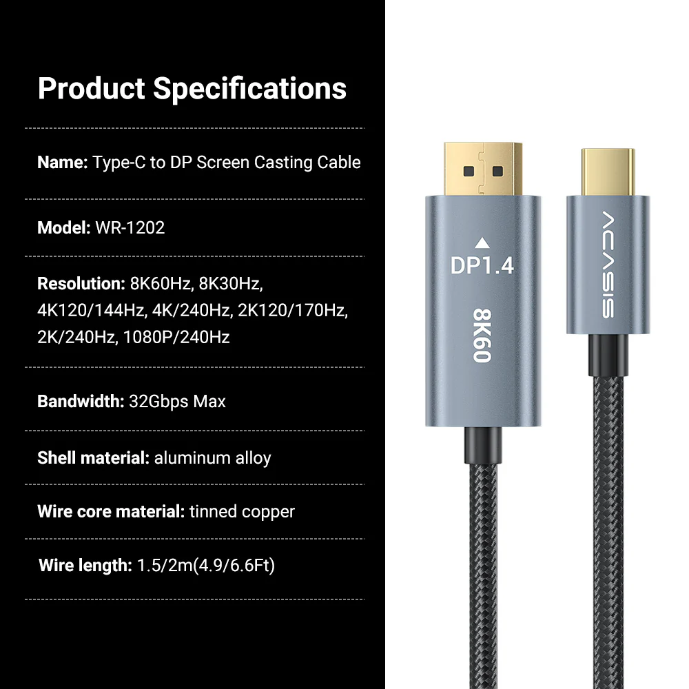 ACASIS USB C to DisplayPort 8K 60Hz 4.9ft/6.6ft Cable - Image 7