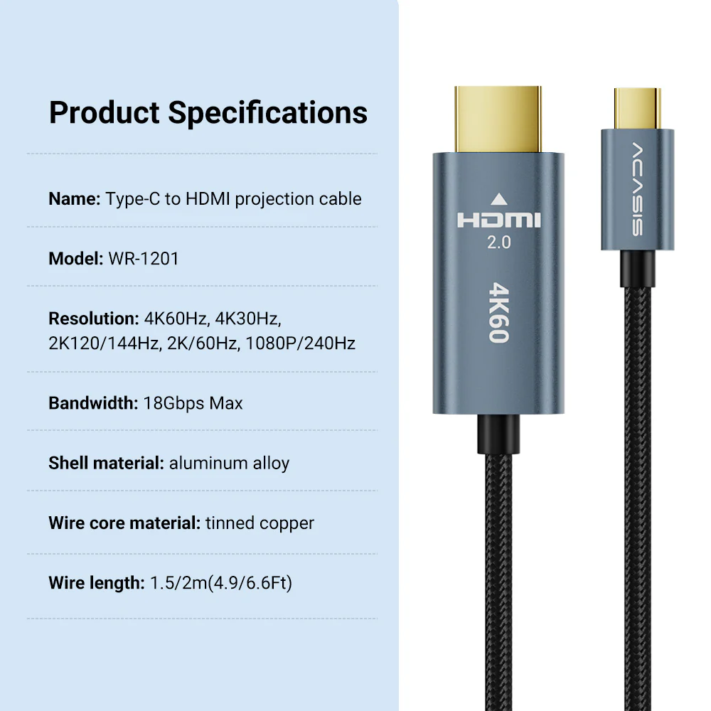Acasis USB-C to HDMI 4K@60Hz Aluminum Shell Braided 4.9ft/6.6ft Cable - Image 8