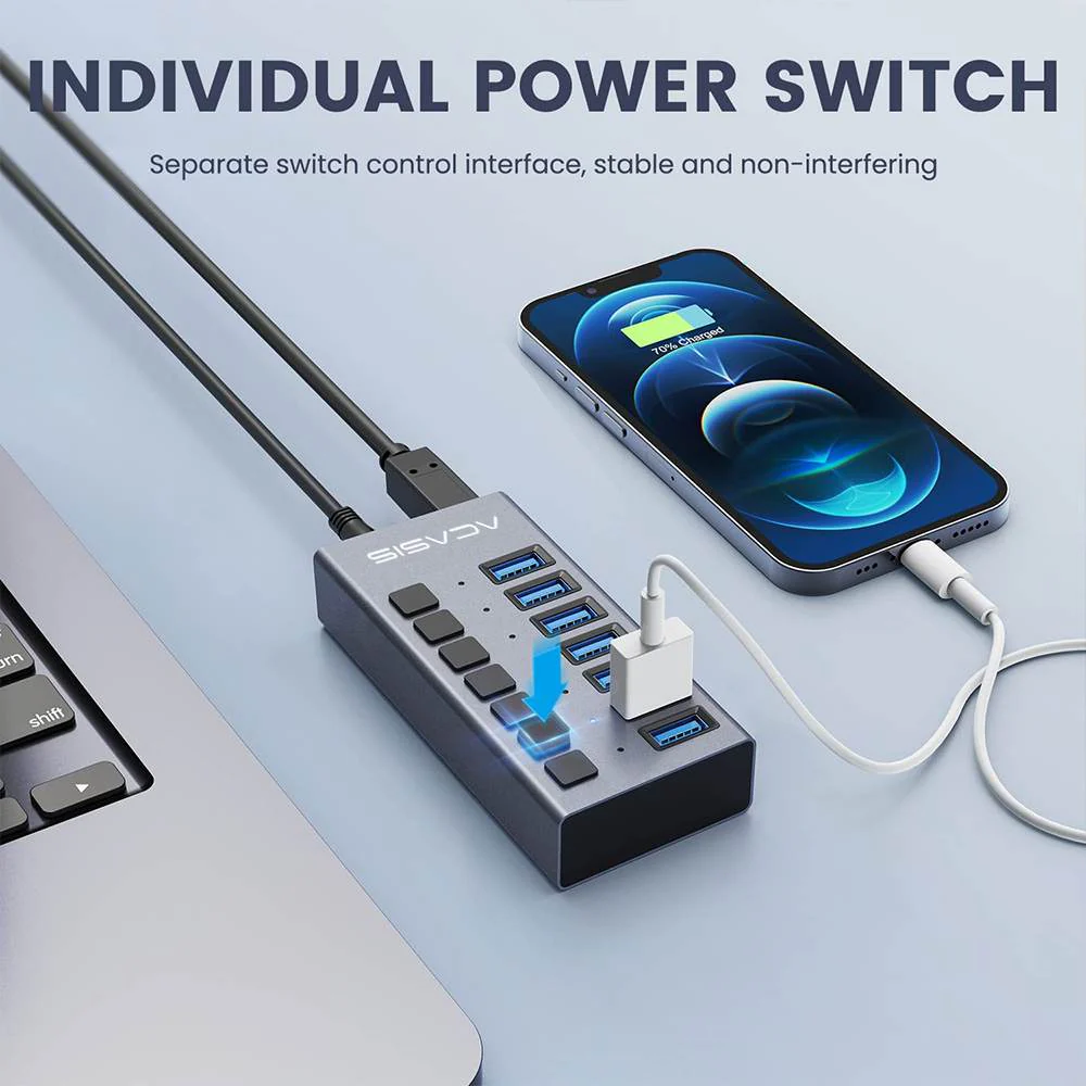 Acasis 7 Ports USB 3.1 Hub with Individual On/Off Switches Splitter - Image 5